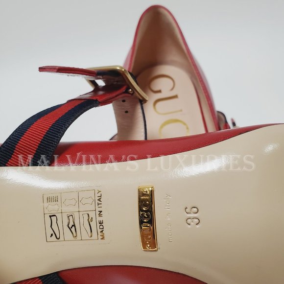 GUCCI SHOES SYLVIE WEB RED LEATHER MARY JANE PUMPS HEELS sz IT 36 US 6 - Picture 11 of 12